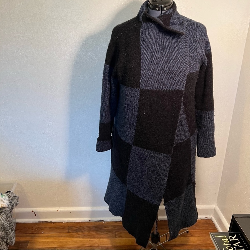 Joseph A. Buffalo Check Longline Duster Cardigan Blue Black - Picture 3 of 13